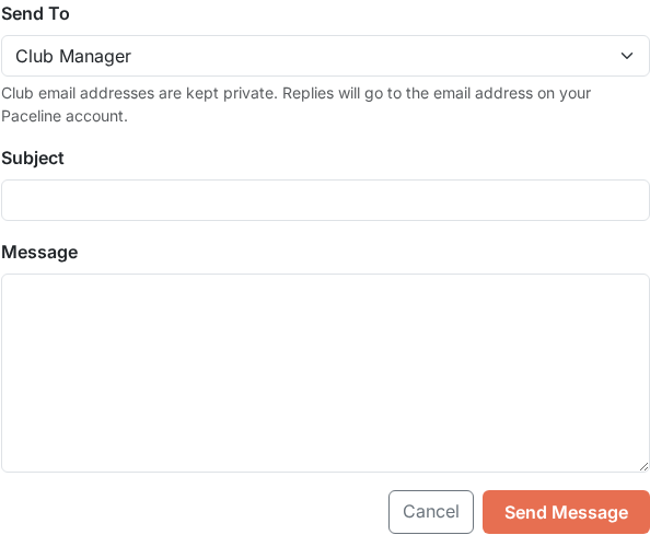 Club contact form with subject and message fields