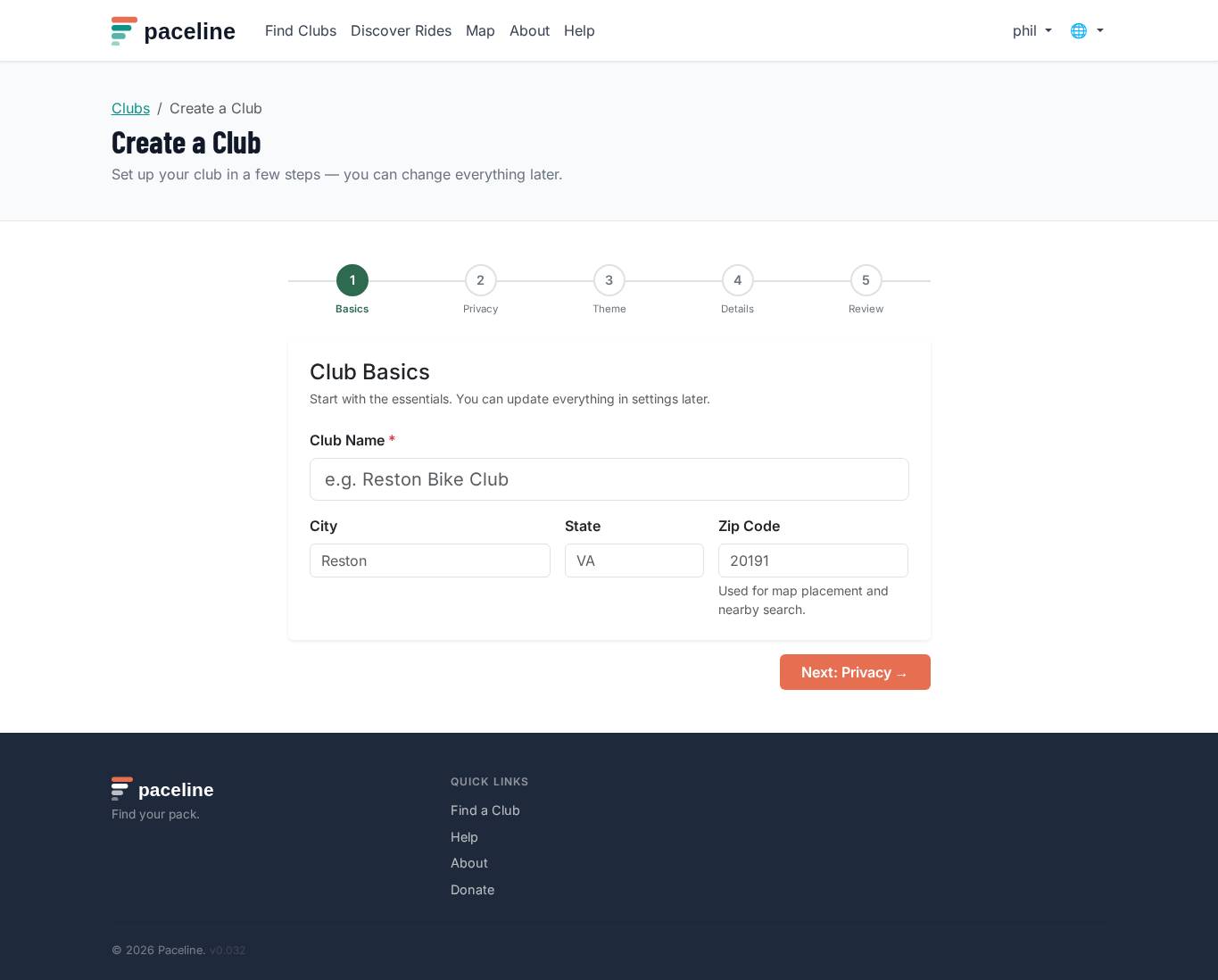 Create a Club form showing basic club details