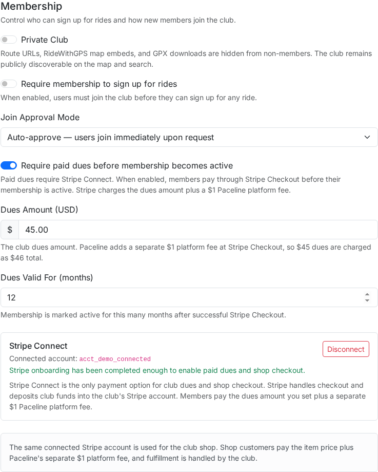 Club membership settings showing dues required toggle, amount, duration, and Stripe Connect status