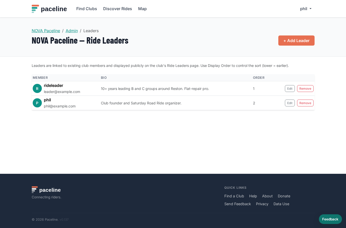 Admin ride leaders table showing avatar, member, bio, display order, and edit controls