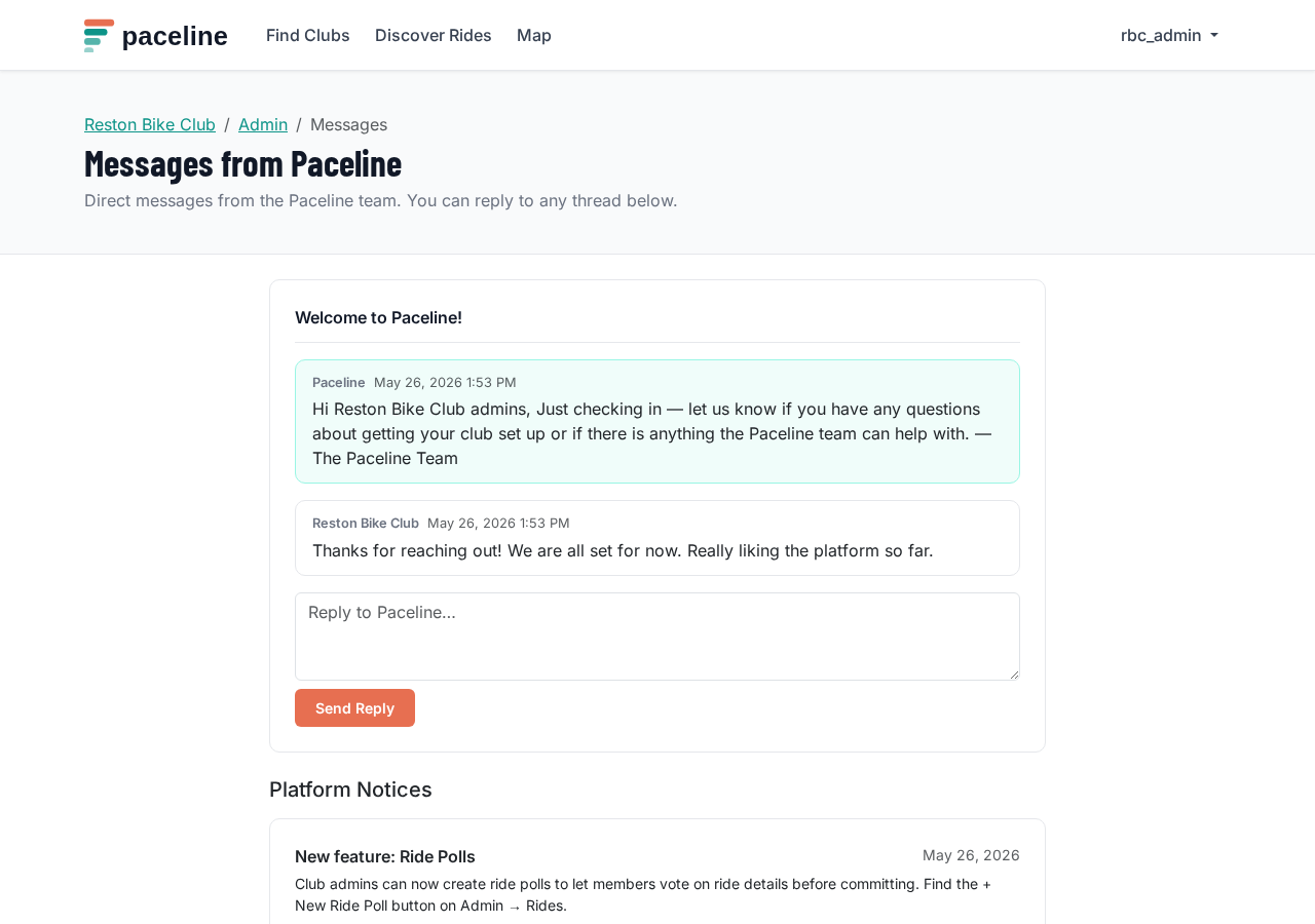 Club admin Messages page showing a message from Paceline and a reply form