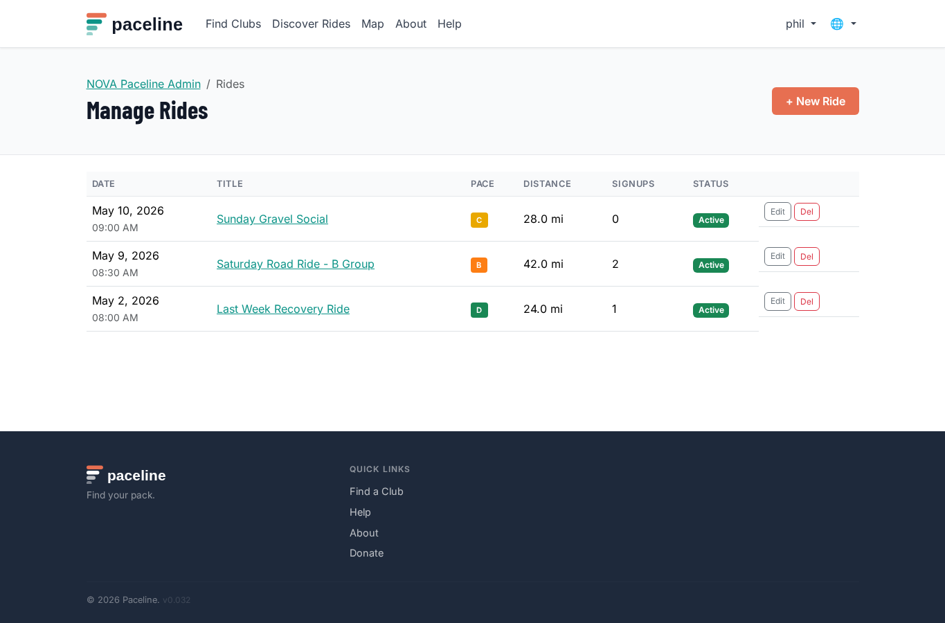 Admin ride list showing upcoming rides and ride management actions