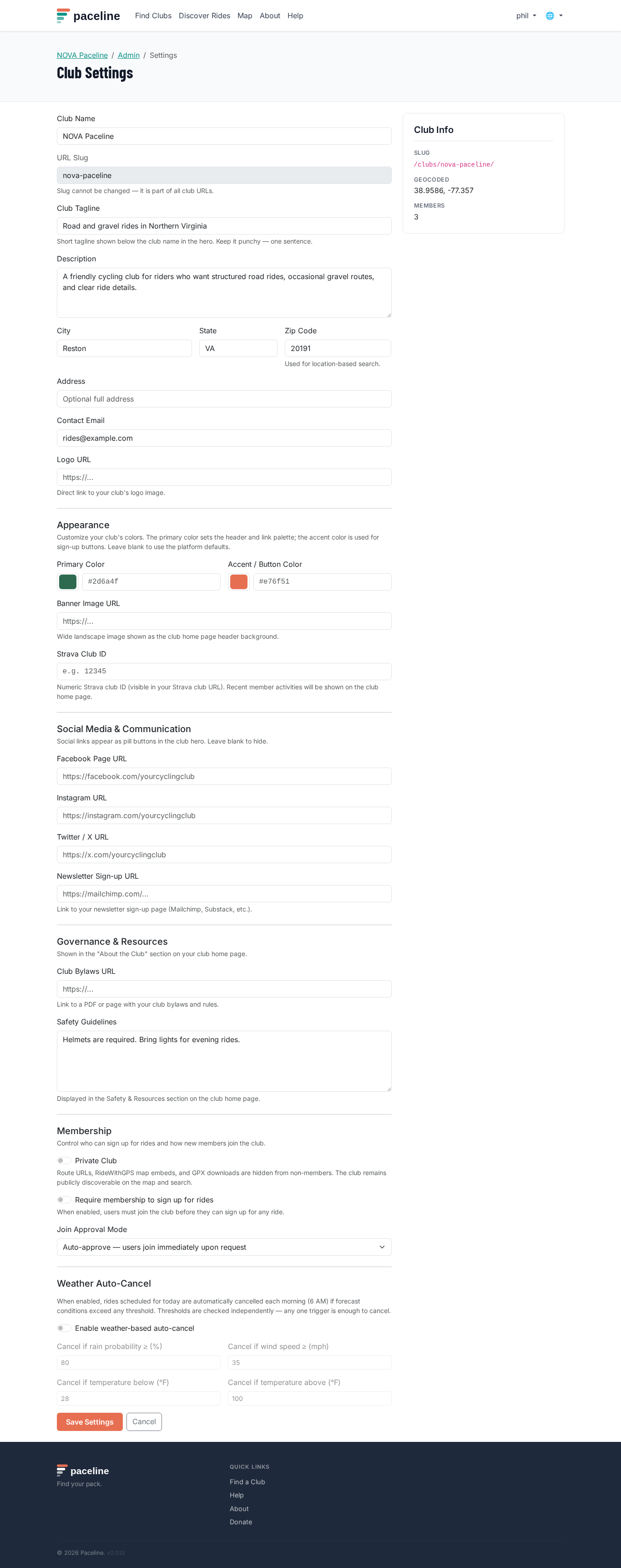 Club Settings page with description, location, contact, and membership fields