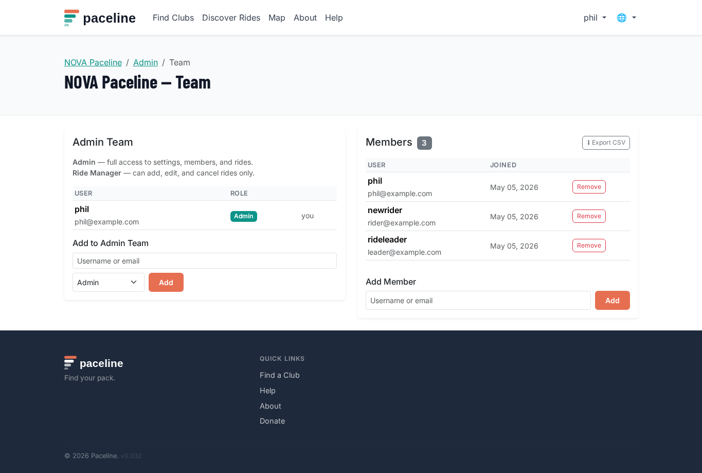 Club Team page listing manager roles and invite controls