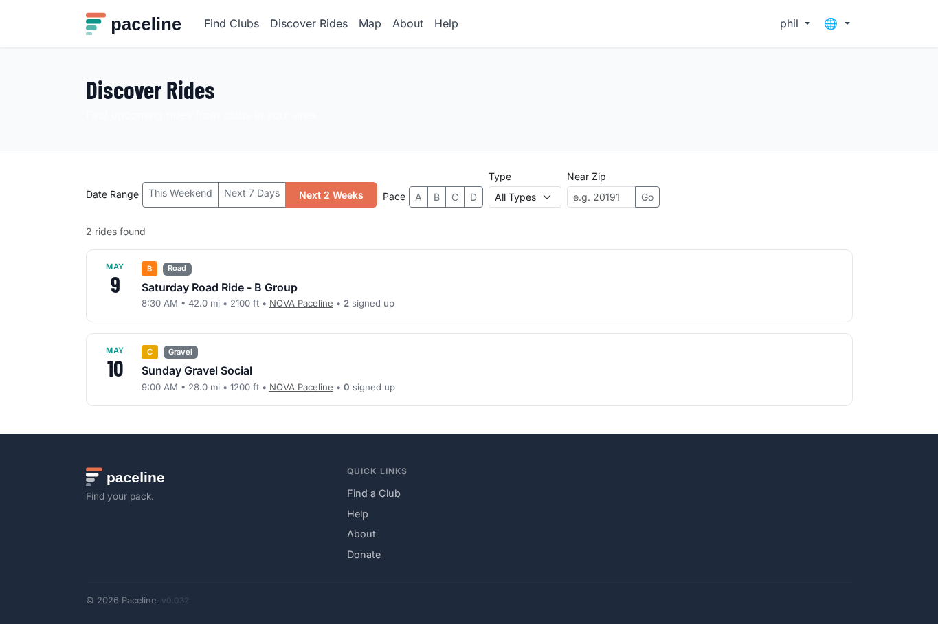 Discover Rides page with date, pace, type, and zip filters