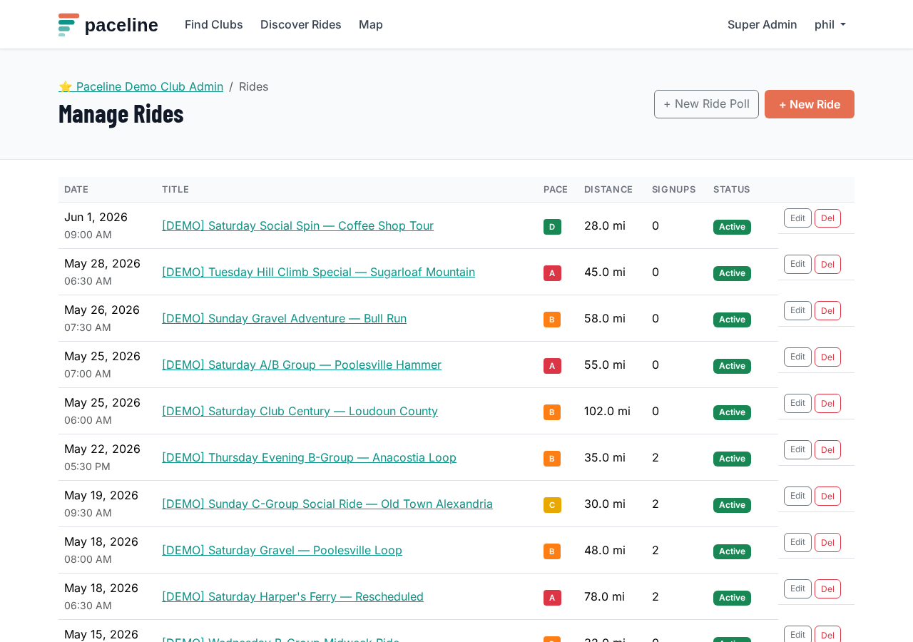 Admin rides page showing the New Ride Poll button alongside New Ride
