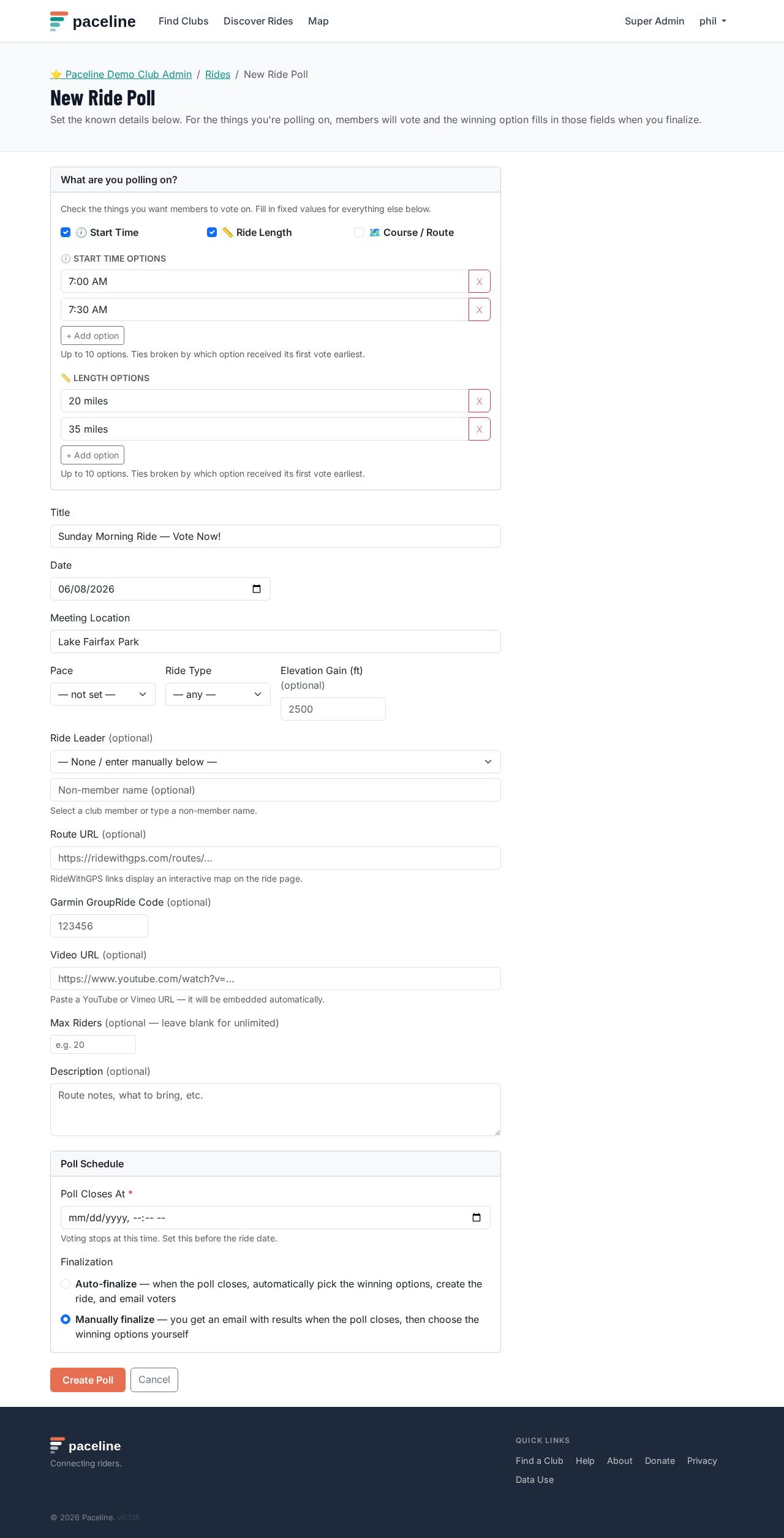 Poll creation form showing the polling categories at the top and standard ride fields below