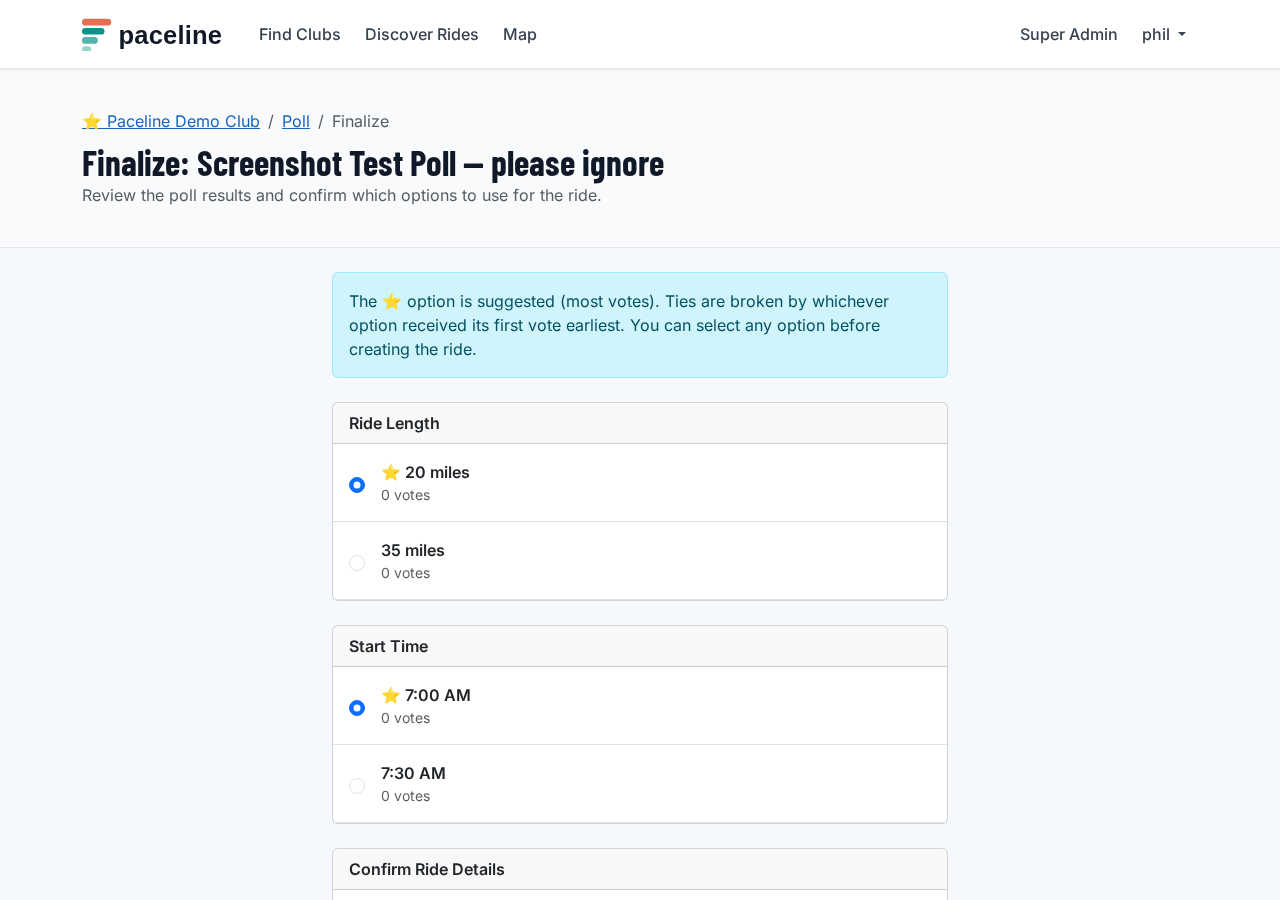 Poll finalize page showing each category with vote results and a radio button to select the winner