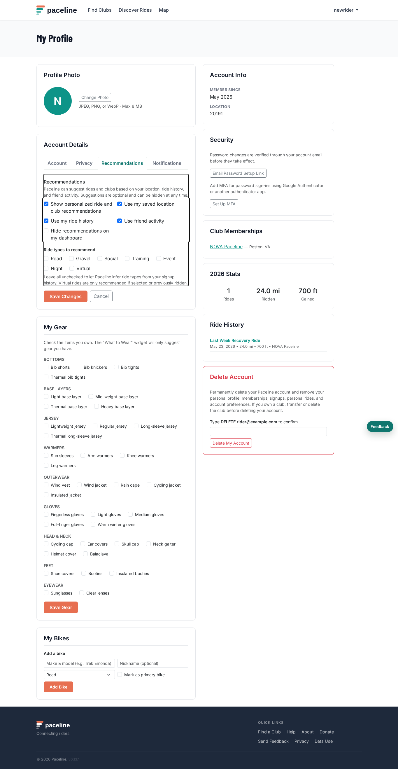 Profile page showing Account, Privacy, Recommendations, and Notifications tabs