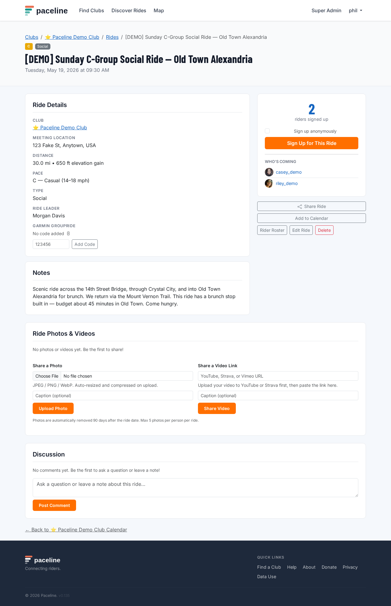 Ride comments section showing a comment form and existing comments