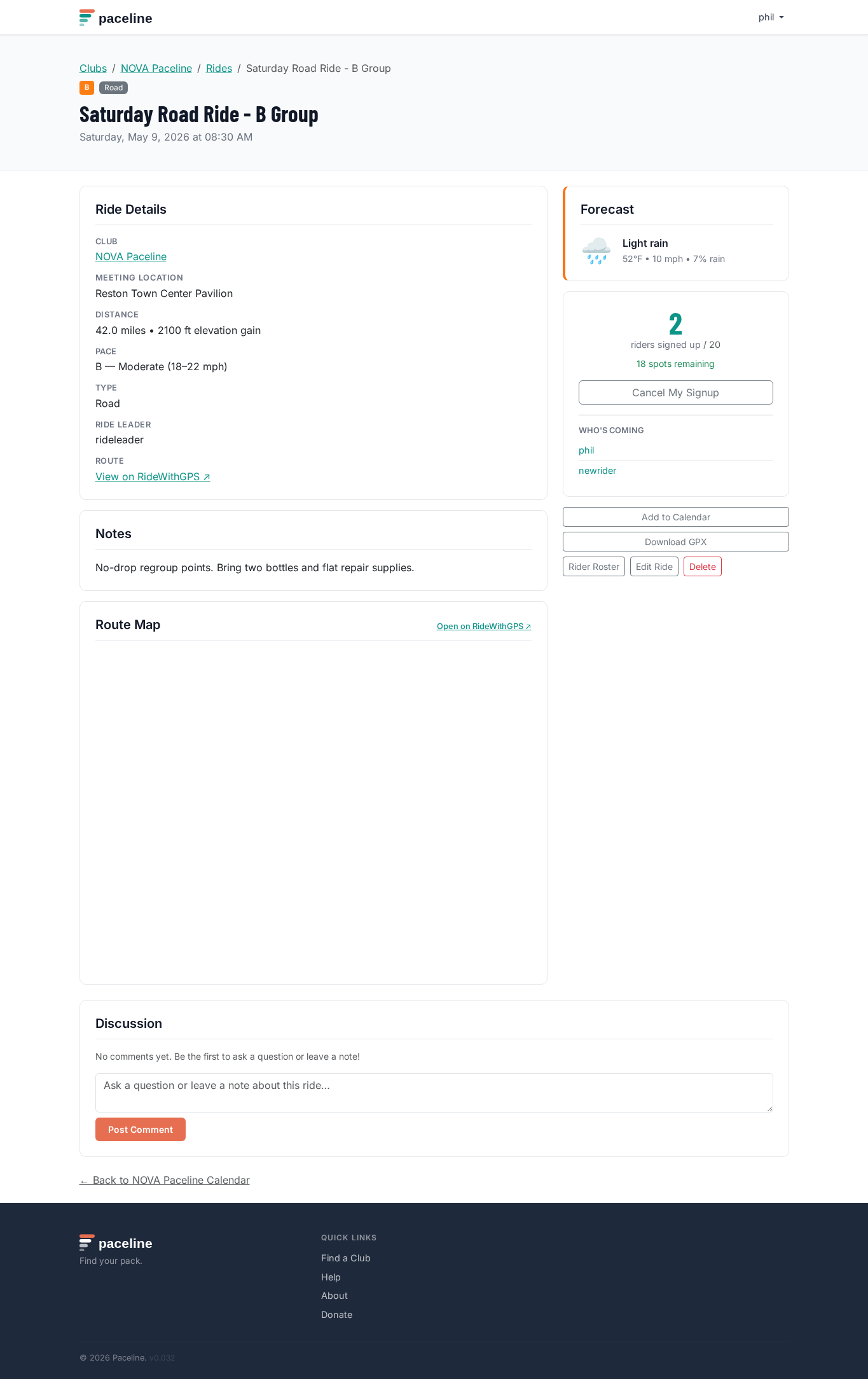 Ride detail page showing time, distance, pace, meeting location, and signup controls