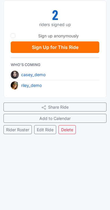Ride detail page showing Add to Calendar and Download GPX links