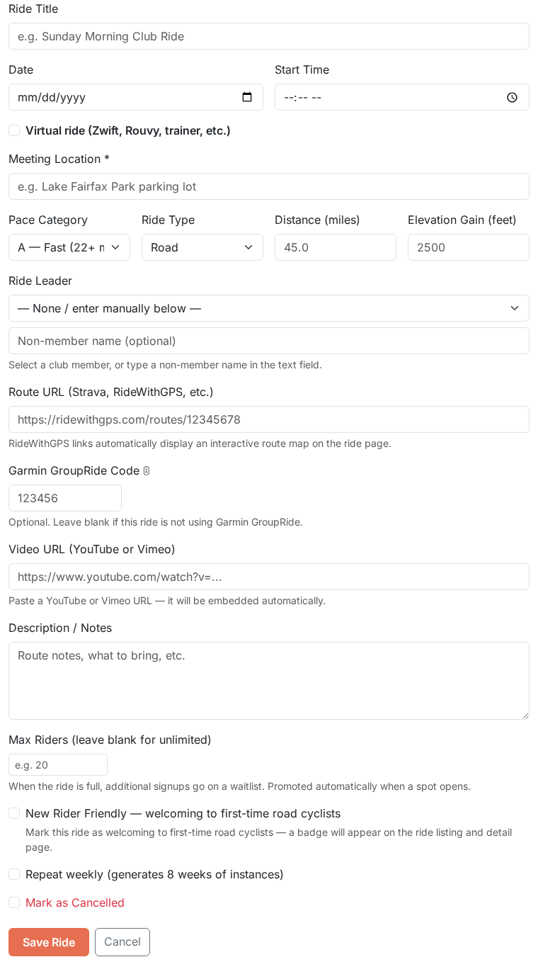 Ride create/edit form showing the New Rider Friendly checkbox